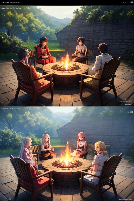 A group of people sitting around the fire，There is food on it, leaflet, leaflet anime style, Screenshots from animated movies, Animation movie screenshots, Sao style anime, popular Different world anime, Different world, Still from TV animation, 2 0 1 9 animation screenshots, anime scene, animation stills