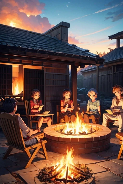 A group of people sitting around the fire，There is food on it, leaflet, leaflet anime style, Screenshots from animated movies, Animation movie screenshots, Sao style anime, popular Different world anime, Different world, Still from TV animation, 2 0 1 9 animation screenshots, anime scene, animation stills