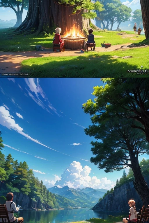 (a group of people sitting around a fire, food on top, small leaves, small leaves anime style, screenshot of an animated movie, screenshot of an anime movie, Sao-style anime, popular isekai anime, isekai, still from a TV animation, 2019 anime screenshot, anime movie scene, animation still)