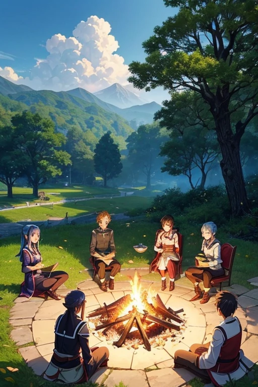 (a group of people sitting around a fire, food on top, small leaves, small leaves anime style, screenshot of an animated movie, screenshot of an anime movie, Sao-style anime, popular isekai anime, isekai, still from a TV animation, 2019 anime screenshot, anime movie scene, animation still)