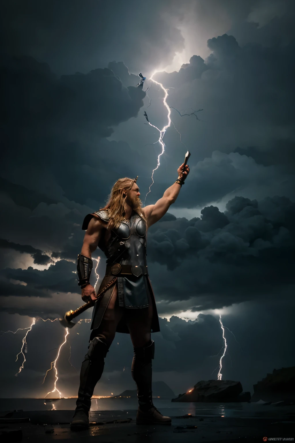 imagine create a realistic image of the god Thor throwing lightning bolts with his hammer at Frankstean