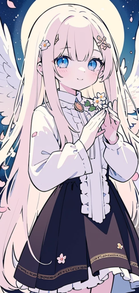 masterpiece, best quality, 1 girl, (rich and colorful),(And its delicate and beautiful eyes and delicate face),Half-length photo,Extremely detailed CG unified 8k wallpaper,Long white hair,blue eyes, alone,Smile,Complex skirts,((Fly petals)),(meadow with flowers), Sky, cloudy_Sky, architecture, moon, night, Light, fantasy,