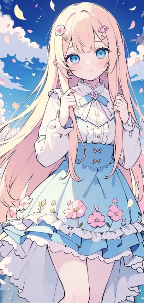 masterpiece, best quality, 1 girl, (rich and colorful),(And its delicate and beautiful eyes and delicate face),Half-length photo,Extremely detailed CG unified 8k wallpaper,Long white hair,blue eyes, alone,Smile,Complex skirts,((Fly petals)),(meadow with flowers), Sky, cloudy_Sky, architecture, moon, night, Light, fantasy,