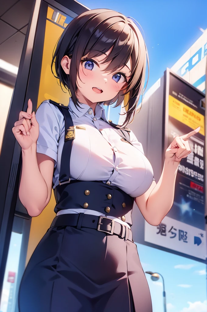 (Perfect body),Best Quality,(8K Portrait),(Official art)、(NSFW)、(((muscular)))、(Police Hat)、(Navy blue jacket)、embarrassed from、1girl in,(Grinning smile)、((One eye is closed))、showing teeth、(((thick thighs)))、(((blush))),(Sweat),((((large udder))))、(big butts)、(Dark hair),((bob cuts)),Short hair, (Yellow eyes),(((Navy blue leotard)))、Black knee socks、((both hands behind head))、(In the street)、