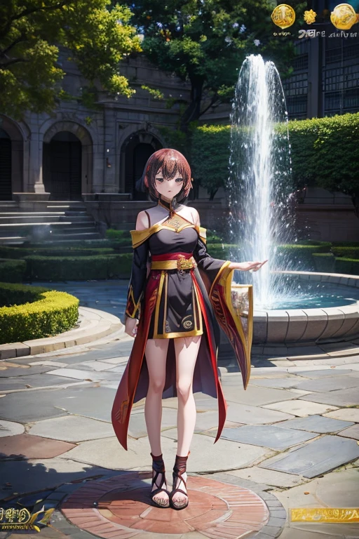 Anime character standing in front of the fountain in the courtyard, aromatic, megumin from leaflet, leaflet anime style, leaflet, Medium shot of two characters, Sao style anime, Animation movie screenshots, Ayakashi original god impact, semi follower, half fragrance, screenshot of animation, anime screenshot