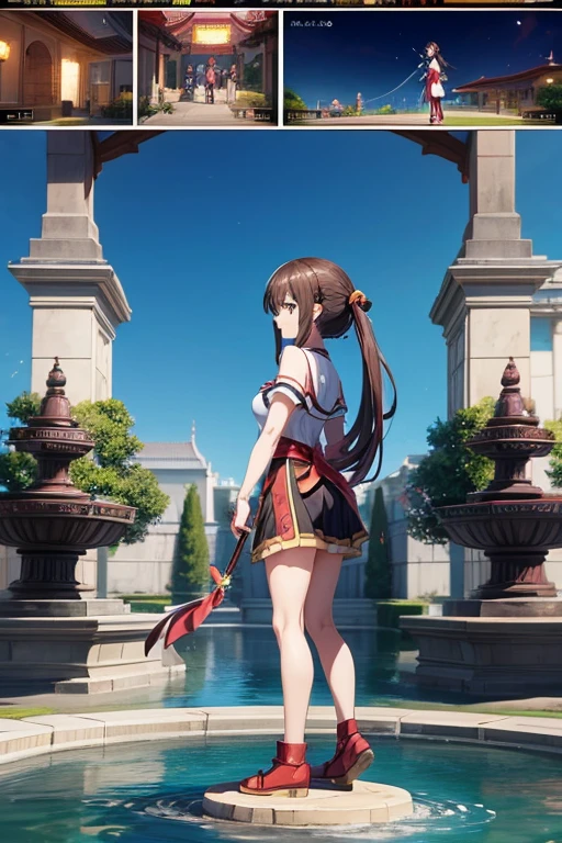Anime character standing in front of the fountain in the courtyard, aromatic, megumin from leaflet, leaflet anime style, leaflet, Medium shot of two characters, Sao style anime, Animation movie screenshots, Ayakashi original god impact, semi follower, half fragrance, screenshot of animation, anime screenshot