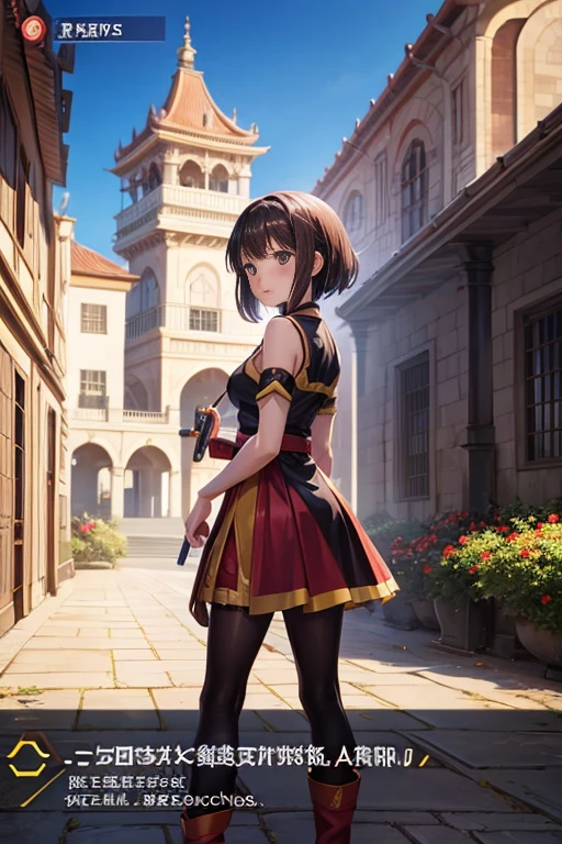 Anime character standing in front of the fountain in the courtyard, aromatic, megumin from leaflet, leaflet anime style, leaflet, Medium shot of two characters, Sao style anime, Animation movie screenshots, Ayakashi original god impact, semi follower, half fragrance, screenshot of animation, anime screenshot