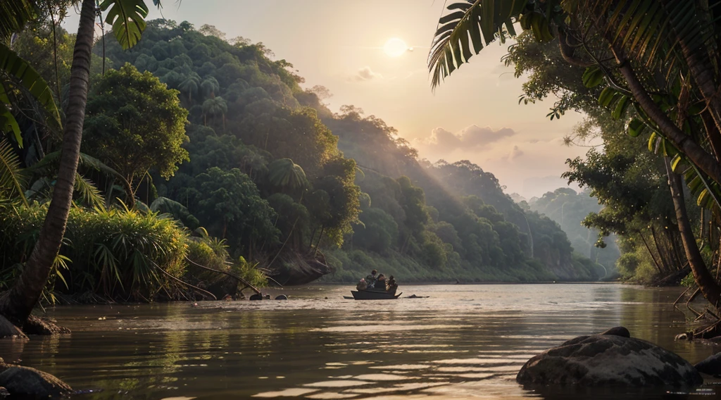 Mekong River, in the jungle of Thailand, at sunrise, with realistic textures, ultra hd, realistic, vivid colours, high detail, perfect composition, from below, beautiful detailed complex insanely detailed octane render, artstation trend, 8k art photography, photorealistic concept art, soft natural volumetric cinematic perfect light