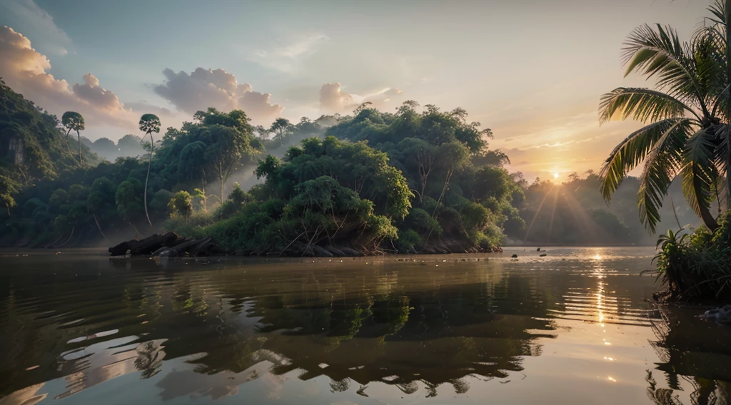 Mekong River, in the jungle of Thailand, at sunrise, with realistic textures, ultra hd, realistic, vivid colours, high detail, perfect composition, from below, beautiful detailed complex insanely detailed octane render, artstation trend, 8k art photography, photorealistic concept art, soft natural volumetric cinematic perfect light