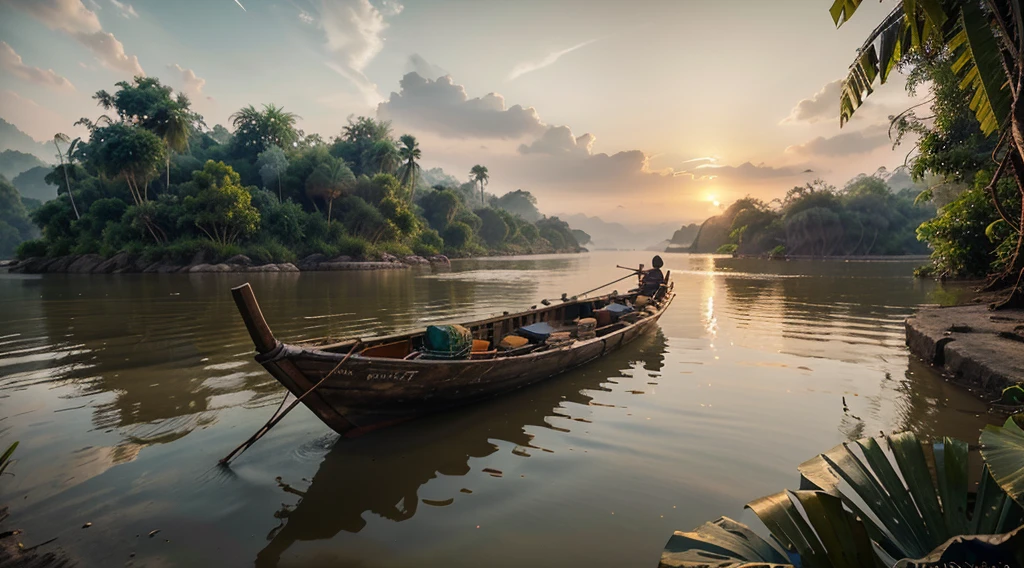 Mekong River, in the jungle of Thailand, at sunrise, with realistic textures, ultra hd, realistic, vivid colours, high detail, perfect composition, from below, beautiful detailed complex insanely detailed octane render, artstation trend, 8k art photography, photorealistic concept art, soft natural volumetric cinematic perfect light