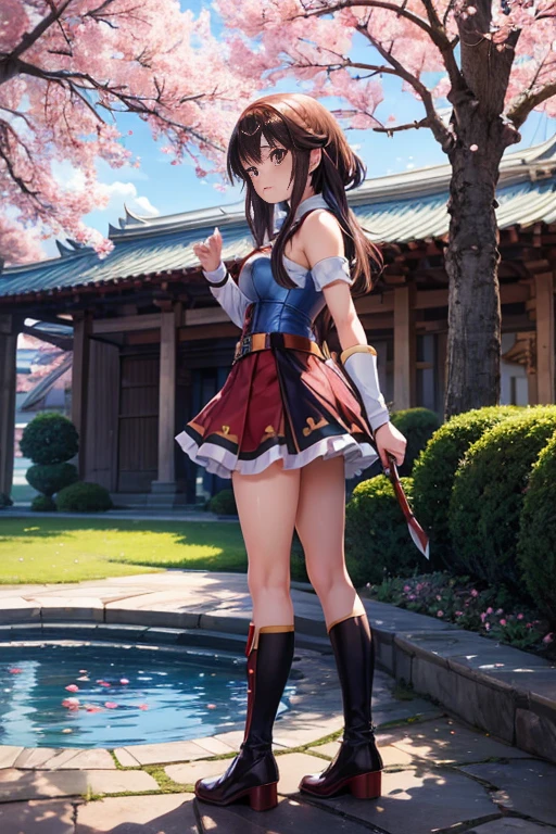 (best quality,4k,highres,masterpiece:1.2),ultra-detailed,realistic:1.37,a girl from Sword Art Online style standing in front of a fountain in a courtyard,fragrance,anime-style,sparkling fountain,beautiful cherry blossoms,soft sunlight filtering through the trees,gentle breeze,megumin from Konosuba anime style,megumin casting an explosion spell,two girls in the middle distance,SAO-style anime,garden scenery with vibrant colors,anime movie screenshot,castle-like background,azure sky with fluffy clouds,majestic architecture,blossoming flowers surrounding the courtyard,magical atmosphere,captivating and lively setting.