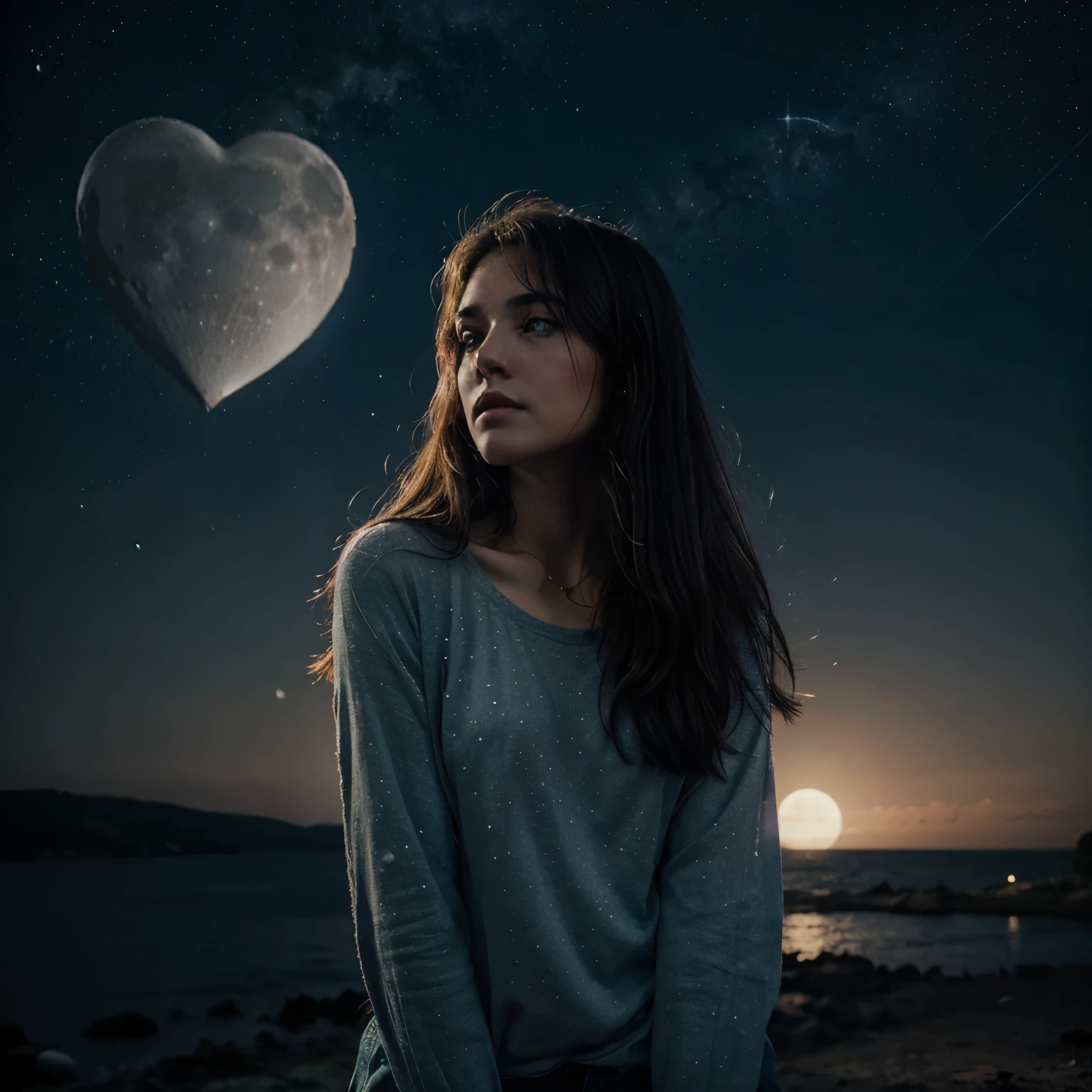 Starry sky with the moon in broken heart. Triste, melancolique
