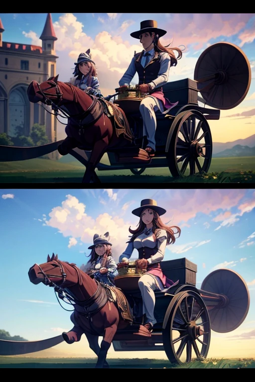 Animation scene of a man in a hat and a woman in a skirt with a carriage, Screenshots from animated movies, Riding an early anime maid, Animation movie screenshots, In animation, Screenshots from the 2012 animation, Today's featured anime stills, Still from TV animation, animation stills, Cannon mounted on his back