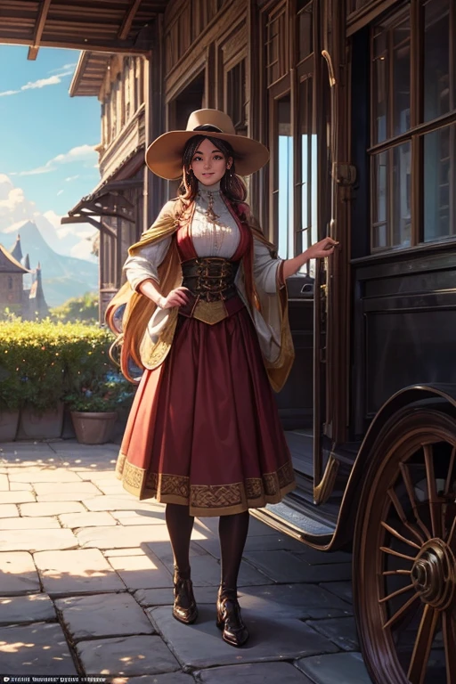(detailed,complex)A man with a hat and a woman in a skirt are standing next to a carriage in an animated scene. The man has a rugged appearance with a scruffy beard and weathered skin. He is wearing a brown hat with a wide brim that casts a shadow over his piercing blue eyes. His lips are slightly parted, revealing a mischievous smile. The woman stands gracefully beside him, her vibrant red skirt flowing in the wind. She has a slender figure and a radiant smile. Her eyes are a deep shade of green, complementing her luscious red lips.
The carriage is beautifully decorated with intricate carvings and adorned with vibrant flowers. Its wooden body is painted in shades of deep blue and gold, giving it an elegant and regal look. The wheels are large and sturdy, enabling the carriage to traverse any terrain with ease. The carriage stands in front of a picturesque landscape, with rolling hills and a clear blue sky dotted with fluffy white clouds.
In the background, there is a glimpse of a cityscape with tall buildings and bustling streets. The city is bathed in the warm glow of the setting sun, casting long shadows and creating a magical ambiance. The scene is reminiscent of a scene from an animated film, with vibrant colors and attention to detail.
The animation style of the scene is reminiscent of early animated movies, with hand-drawn characters and smooth, fluid movements. The colors are rich and vibrant, creating a visually stunning experience. The characters have a unique charm and expressiveness, capturing the viewer's attention.
The man also has a distinctive trait - an early tank is mounted on his back. The tank is intricately designed with metal plates, gears, and a cannon protruding from the top. It adds an element of adventure and excitement to the scene, hinting at a thrilling storyline. Overall, the scene exudes a sense of wonder and nostalgia, inviting the viewer to immerse themselves in the captivating world of animation.
(best quality,ultra-detailed)The quality of the image is exceptional, with every detail carefully rendered. The textures of the characters' clothing and the carriage are realistic, adding depth and dimension to the scene. The lighting is meticulously crafted, with soft shadows and highlights that enhance the overall atmosphere. The colors are vivid and saturated, capturing the beauty of the animated world. The film still appears as if it was captured in high resolution and masterfully composed.
To summarize, the prompt depicts a detailed and complex scene of a man with a hat and a woman in a skirt standing next to a carriage in an animated setting. The quality of the image is exceptional, with ultra-detailed elements and a vivid color palette. The scene radiates the charm and nostalgia of early animation, inviting the viewer to be captivated by the magical world it portrays.