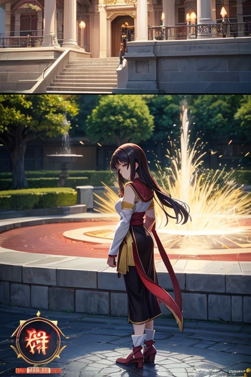 Anime character standing in front of the fountain in the courtyard, aromatic, megumin from leaflet, leaflet anime style, leaflet, Medium shot of two characters, Sao style anime, Animation movie screenshots, Ayakashi original god impact, semi follower, half fragrance, screenshot of animation, anime screenshot