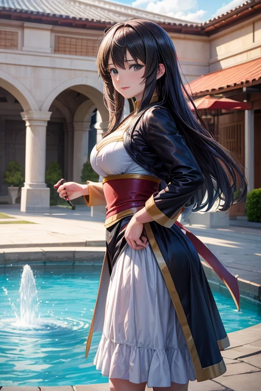 (best quality,4k,highres,masterpiece:1.2),ultra-detailed,(realistic,photo-realistic:1.37),fragrance,anime character standing in front of a fountain in a courtyard,megumin from KonoSuba,anime-style of KonoSuba,characters in mid-shot,Sword Art Online-style anime,anime movie screenshot,explosion from Genshin Impact,half-length shot,fountain,anime movie screenshot,anime screenshot