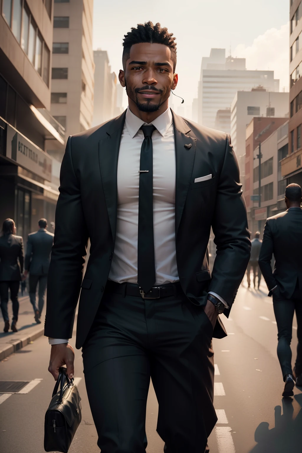 homem negro, forte, com roupa social, jacket and tie, camisa social, sorrindo, mangas dobradas, With one hand in my pocket, andando, looking to the side in the scene from the post apocalyptic film walking on a wide avenue, looking at tall buildings holding social executive folder