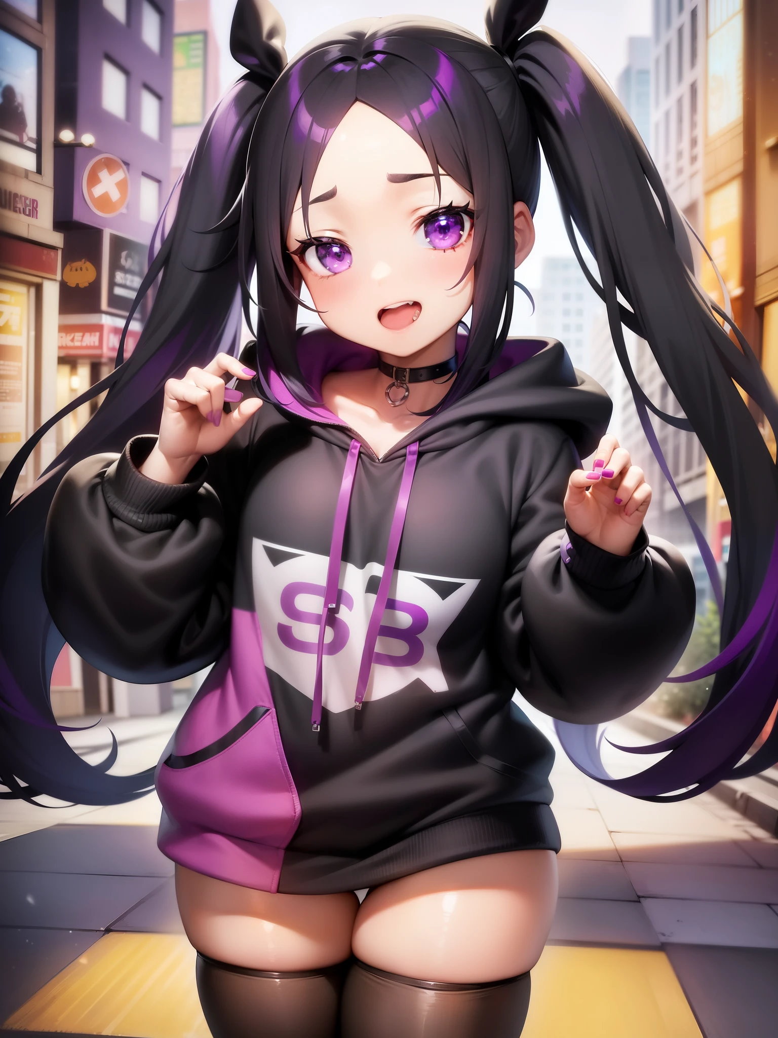 ((Split-color hair, black hair, purple hair)), purple eyes,purple hoodie,city,(twin tails), high quality, masterpiece, best quality, black,choker, visible forehead, open mouth, exposed forehead, thick thigh,flat chest, small breast, eating, hamburger, burger smile, chibi