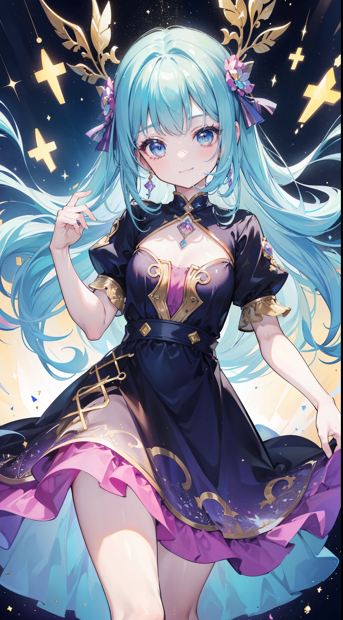 (32k), (16k), (8k), (4k), (32k multicolor background), ((Pretty girl)), ((cute girl)), (beautiful quality eyes), (cute smile), (((dress))), (((fantasy))),