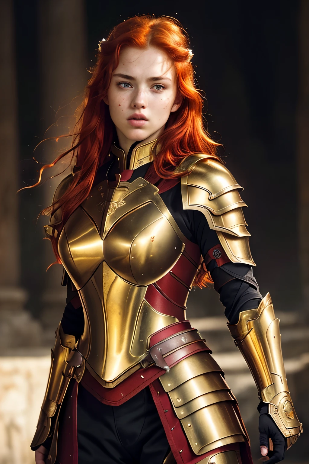 Masterpiece, (young red-haired warrior girl:1.0, red cross armor:1.1), brave, determined, fierce gaze, (realistic, high-definition:1.2), (golden and mysterious background:1.3), intricate armor details, lifelike textures, (high resolution, ultra HD:1.4), detailed facial features, rosy cheeks, expressive lips, (dramatic, epic lighting:1.5), (Nikon Z6:0.5), cinematic quality, immersive atmosphere.