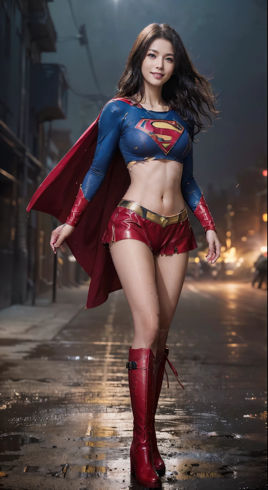 no background、short hair、supergirl costume、Ahegao、Snug costume、(((stretch your legs、tall、Legally express the beauty of your smile)))、((((Get the most out of your original images)))、(((supergirl costume、torn、Tattered、being destroyed)))、(((beautiful hair)))、(((I&#39;m in pain)))、(((Legs must be worn with black tights)))、(((must wear red boots、being destroyed)))、((Highest image quality、8K))、((highest quality、8K、masterpiece:1.3))、(((keep background )))、clear focus:1.2、beautiful woman with perfect figure:1.4、Full of scars、bloody、full of blood、slender abs:1.2、wet body:1.5、Highly detailed face and skin texture、8K