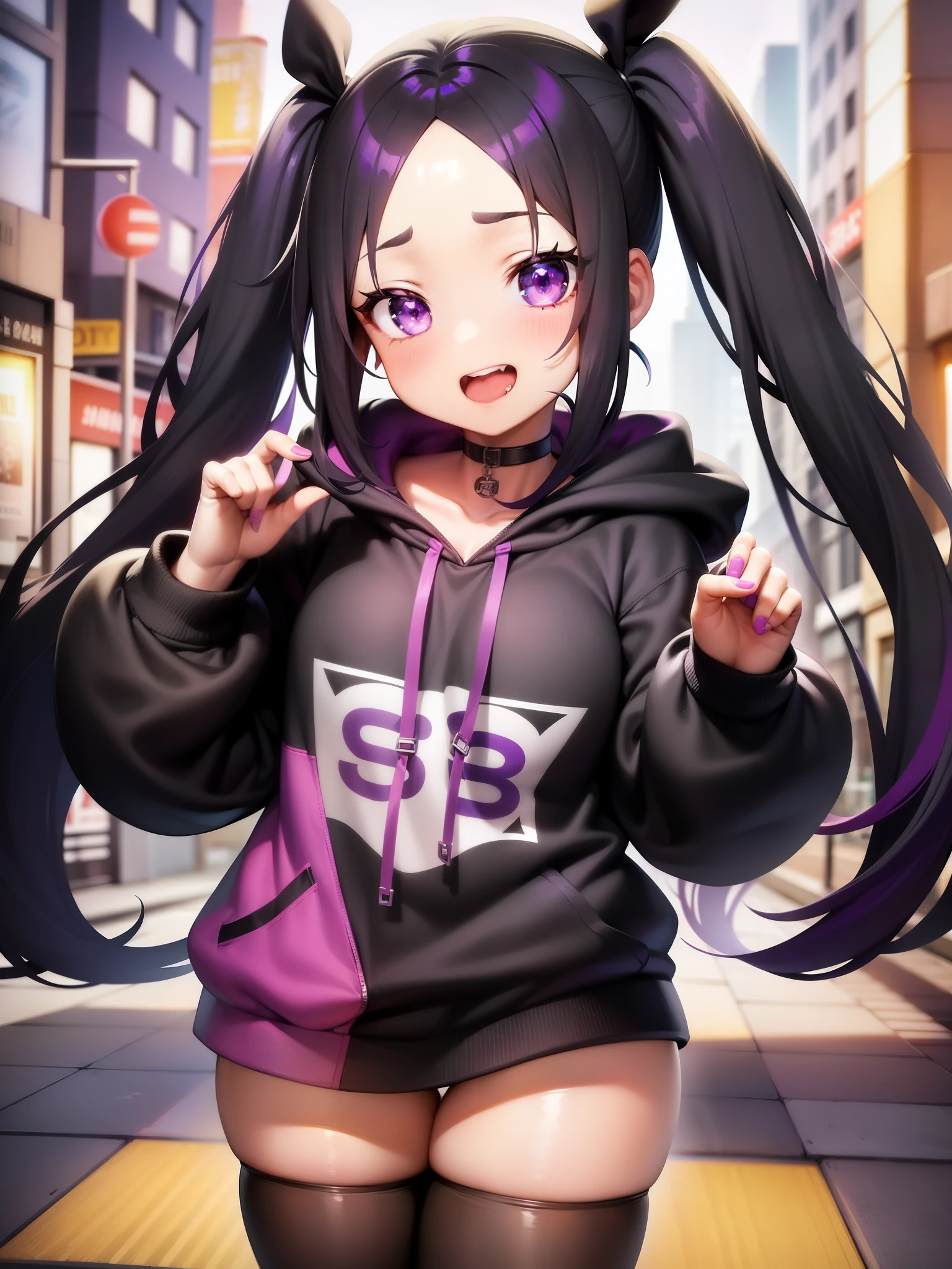 ((Split-color hair, black hair, purple hair)), purple eyes,purple hoodie,city,(twin tails), high quality, masterpiece, best quality, black,choker, visible forehead, open mouth, exposed forehead, thick thigh,flat chest, small breast, eating, hamburger, burger smile, chibi