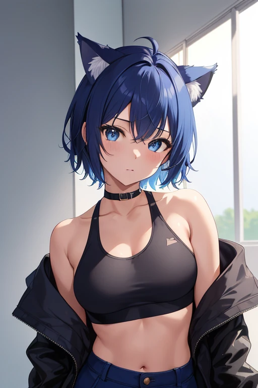 masterpiece:1.2, high quality, best quality, detailed_background,indoors,highres,neko (solution1988),black jacket,upper body,open clothes,absurdres,blue eyes,open jacket,gradient background,looking at viewer,sports bra,1girl,short hair,bare shoulders,solo,animal ears,blue hair,jacket,crop top,off shoulder,head tilt,cat ears