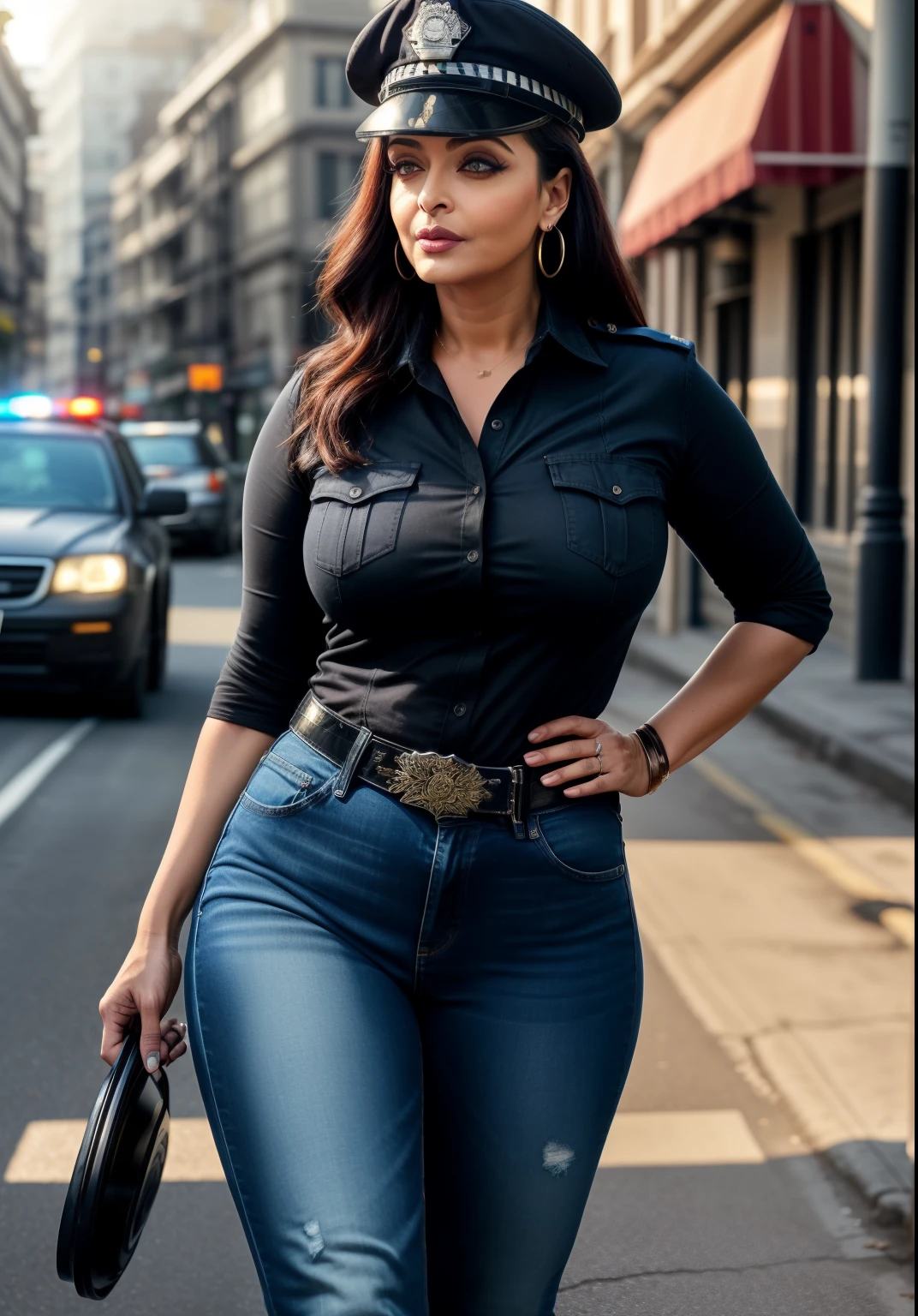 Day scene, full body aishwarya rai, knee high boots, denim jeans black shirt, police lady, police cap, 49yo mature milf, mature curvy milf figure, hourglass figure, posing in street, seductive face, look straight at camera, black ponytail hair, soft volumetric lights, (backlit:1.3), (cinematic:1.3), intricate details, (ArtStation:1.2)