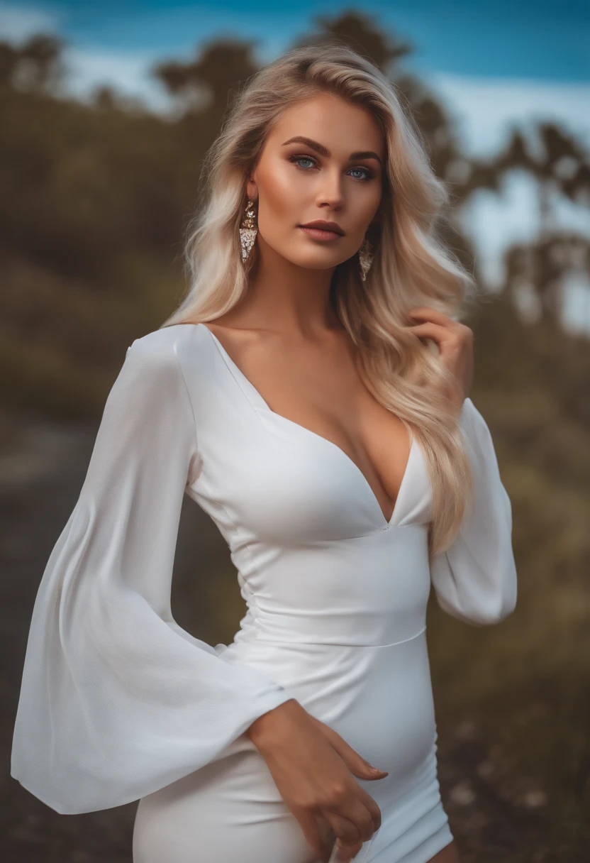 realistic white female instagram influencer, best quality, blonde, 1 girl, blue eyes, in white tight short dress