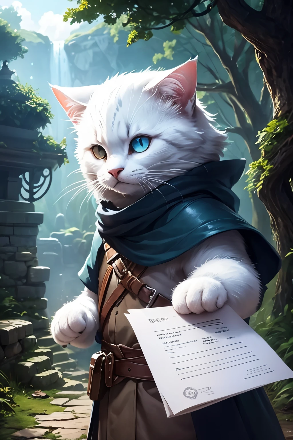 White fluffy cat holding an envelope in Everdell style