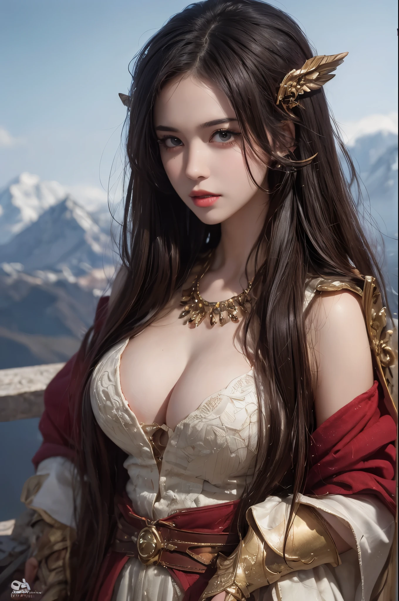 beautiful girl in a Valhalla costume in the mountains,illustration,oil painting/portrait,ultra-detailed,high-res,physically-based rendering,vivid colors,sharp focus,studio lighting,Valhalla-themed props and background