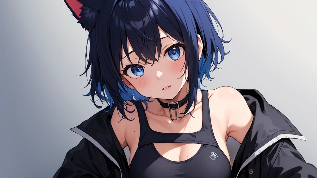 Wet clothes, masterpiece:1.2, high quality, best quality, detailed_background,indoors,highres,neko (solution1988),black jacket,upper body,open clothes,absurdres,blue eyes,open jacket,gradient background,looking at viewer,sports bra,1girl,short hair,bare shoulders,solo,animal ears,blue hair,jacket,crop top,off shoulder,head tilt,cat ears
