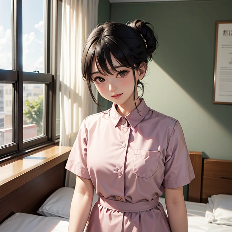 a woman standing next to the bed, nurse, /(nurse uniform/), /(black hair/) hair up, blush gentle smile, (Masterpiece of the highest quality:1.3) Delicate illustrations super detailed, Big chest arms go down Rest /(hospital room/) Patient bed /(window tree/)