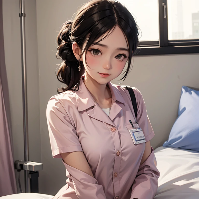 a woman standing next to the bed, nurse, /(nurse uniform/), /(black hair/) hair up, blush gentle smile, (Masterpiece of the highest quality:1.3) Delicate illustrations super detailed, Big chest arms go down Rest /(hospital room/) Patient bed /(window tree/)