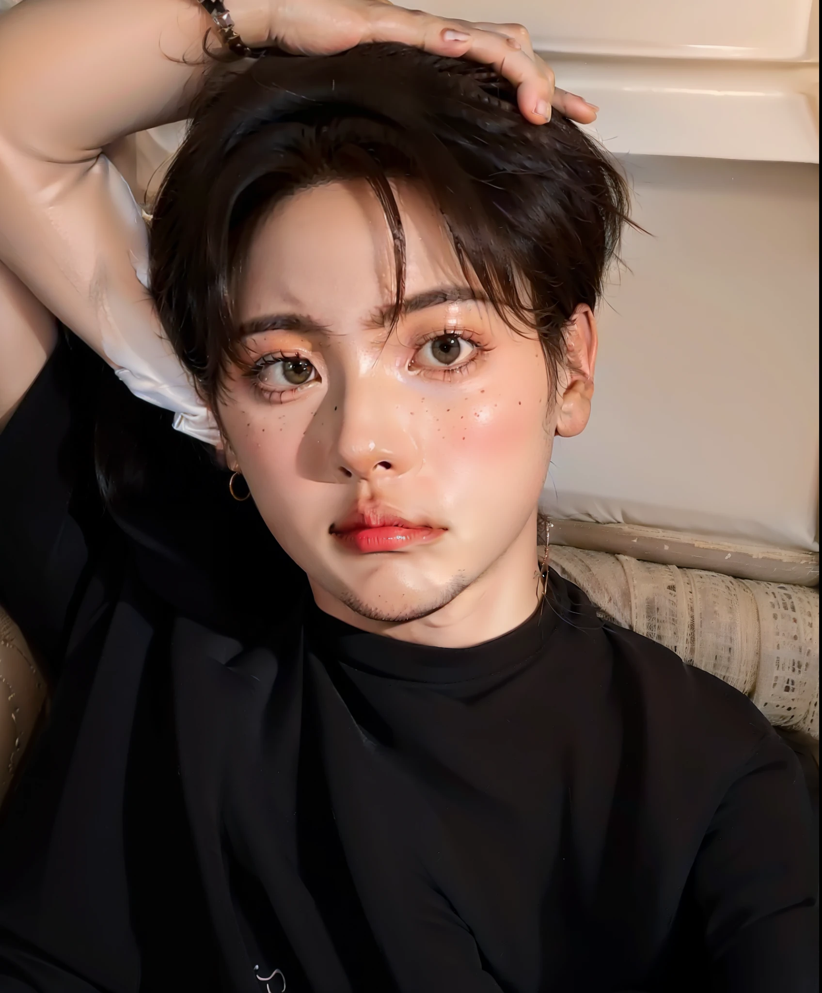 arafed asian man in a black shirt sitting on a sofa, Jungkook, Jeon Jungkook , Jungkook , adorable and pale korean face, Jungkook , Jeon Jungkook do grupo BTS, profile picture with headshot, Jovem, rosto magro, Integrante do BTS, Jeon Jungkook, Jungkook de cabelo preto
