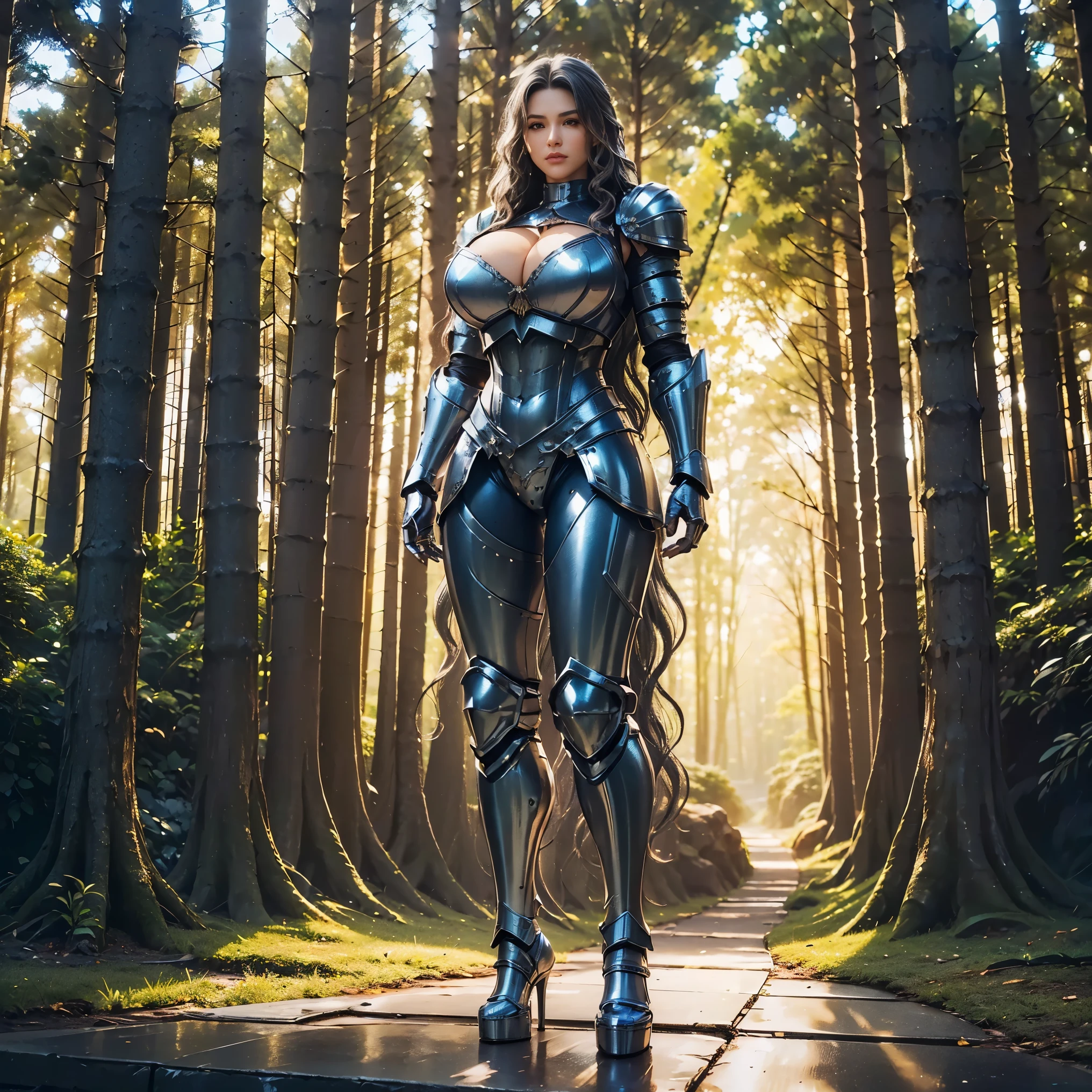 (Blue wavy Long Hair:1.7), (the Witcher armor), (LINE ABS, HUGE :1.5), (SHINY ARMORED TOP, CLEAVAGE, ARMORED KINTIGHT SUIT PANTS, DIAMOND CORE IN ARMOR, ARMOR LEGS, HIGH HEELS:1.5), (THICC BODY) soft muscular, (LOOKING AT VIEWER:1.3),  (BRIGHT LIGHTING:1.5), SUPER TEXTURE, UNREAL ENGINE RENDER, PHYSICALLY-BASED RENDERING, ULTRA HIGHT DEFINITION, 16K, 1080P. Forest background, golden hour, armor, medieval fantasy armor