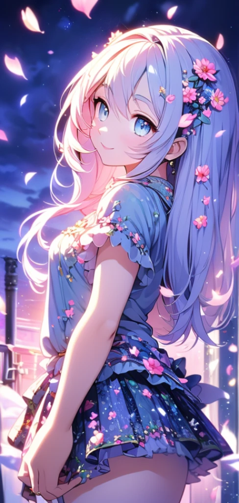 masterpiece, best quality, 1 girl, (rich and colorful),(And its delicate and beautiful eyes and delicate face),Half-length photo,Extremely detailed CG unified 8k wallpaper,Long white hair,blue eyes, alone,Smile,Complex skirts,((Fly petals)),(meadow with flowers), Sky, cloudy_Sky, architecture, moon, night, Light, fantasy,