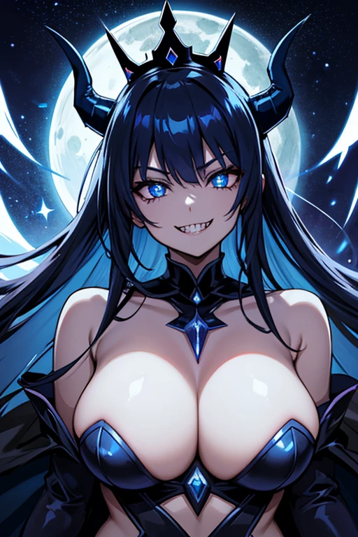 Moon demon woman, Blue glowing eyes, sharp teeth smile, Long dark blue hair with sparkling stars falling from hair, Long blue shiny horns on head, Blue shiny moon shape crown, Long black cape on back.