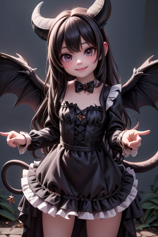 Ultra-realistic 8k CG, masterpiece, best quality, (photorealistic:1.4), absurdres, extremely detailed, real hair, life-like, horror scene, dark setting, action pose, cute girl smiling, looking at viewer, reflective, crawling toward viewer, girly dress, tail, black wings, devil horns, night garden