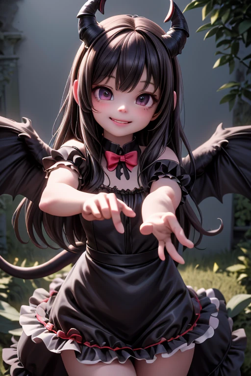 Ultra-realistic 8k CG, masterpiece, best quality, (photorealistic:1.4), absurdres, extremely detailed, real hair, life-like, horror scene, dark setting, action pose, cute girl smiling, looking at viewer, reflective, crawling toward viewer, girly dress, tail, black wings, devil horns, night garden