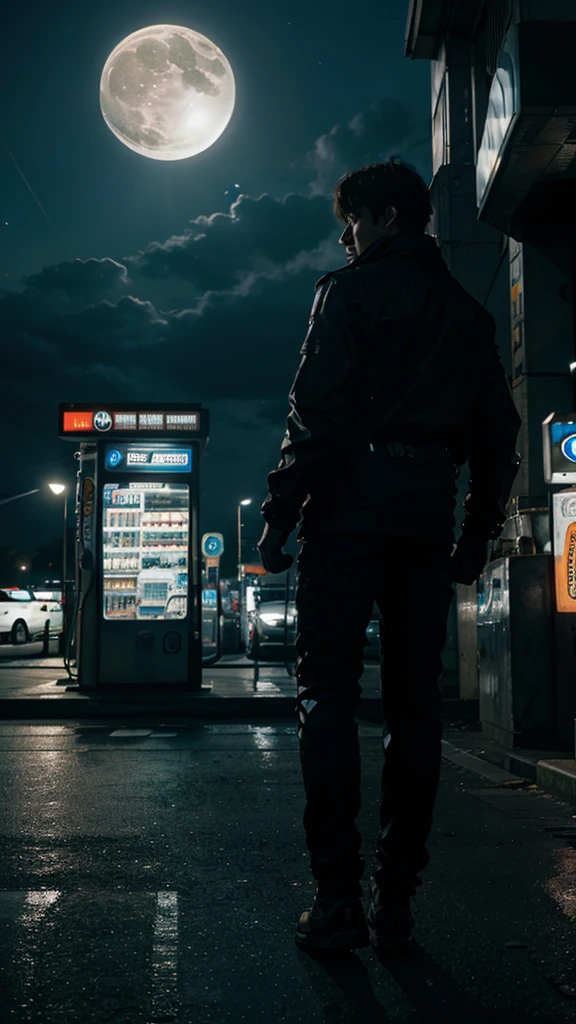 BMW in gas station light Full moon hdr Cyberpunk city ultra details cinematic