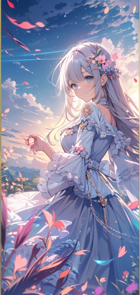 masterpiece, best quality, 1 girl, (rich and colorful),(And its delicate and beautiful eyes and delicate face),Half-length photo,Extremely detailed CG unified 8k wallpaper,Long white hair,blue eyes, alone,Smile,Complex skirts,((Fly petals)),(meadow with flowers), Sky, cloudy_Sky, architecture, moon, night, Light, fantasy,