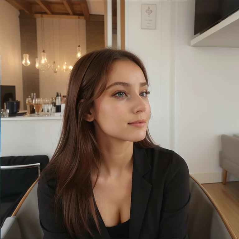 une femme debout, visage parfait, yeux parfaits, yeux symétrique parfaits, regarde dans la même direction, élégante, photo ultra réaliste