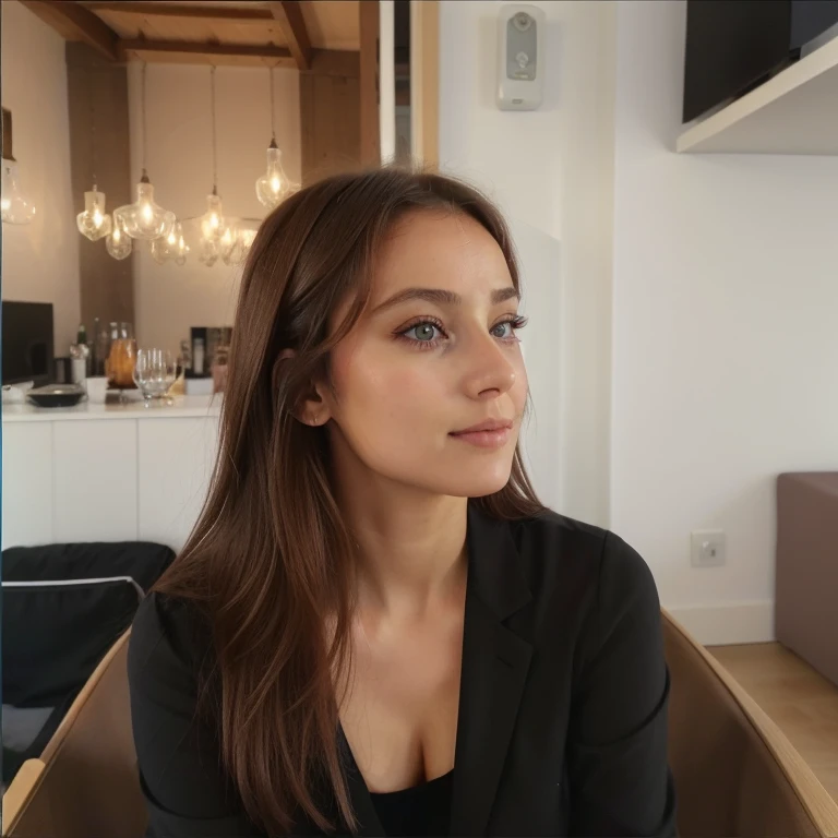 une femme debout, visage parfait, yeux parfaits, yeux symétrique parfaits, regarde dans la même direction, élégante, photo ultra réaliste