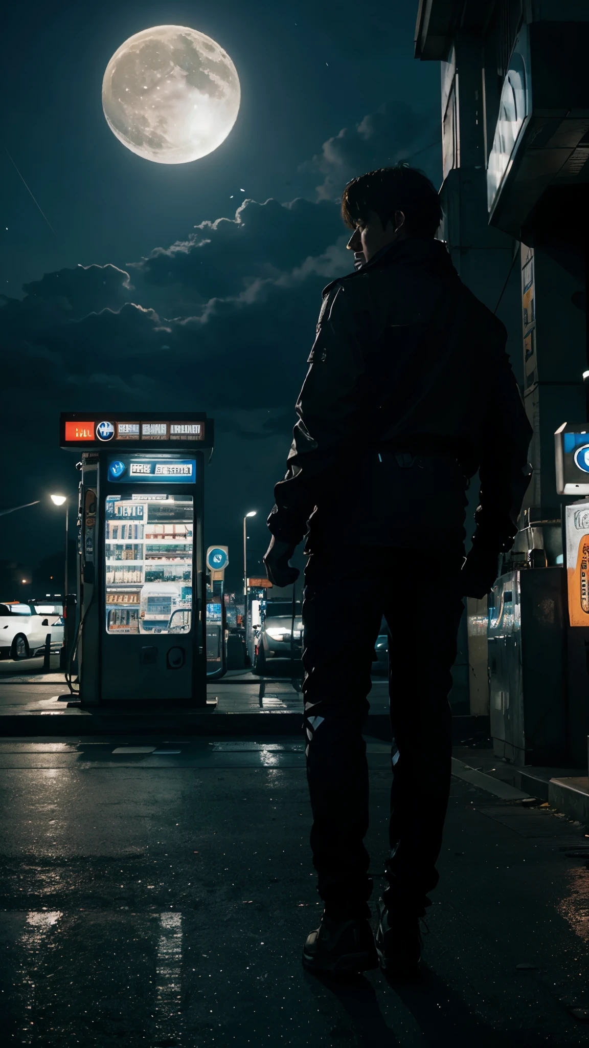 BMW in gas station light Full moon hdr Cyberpunk city ultra details cinematic