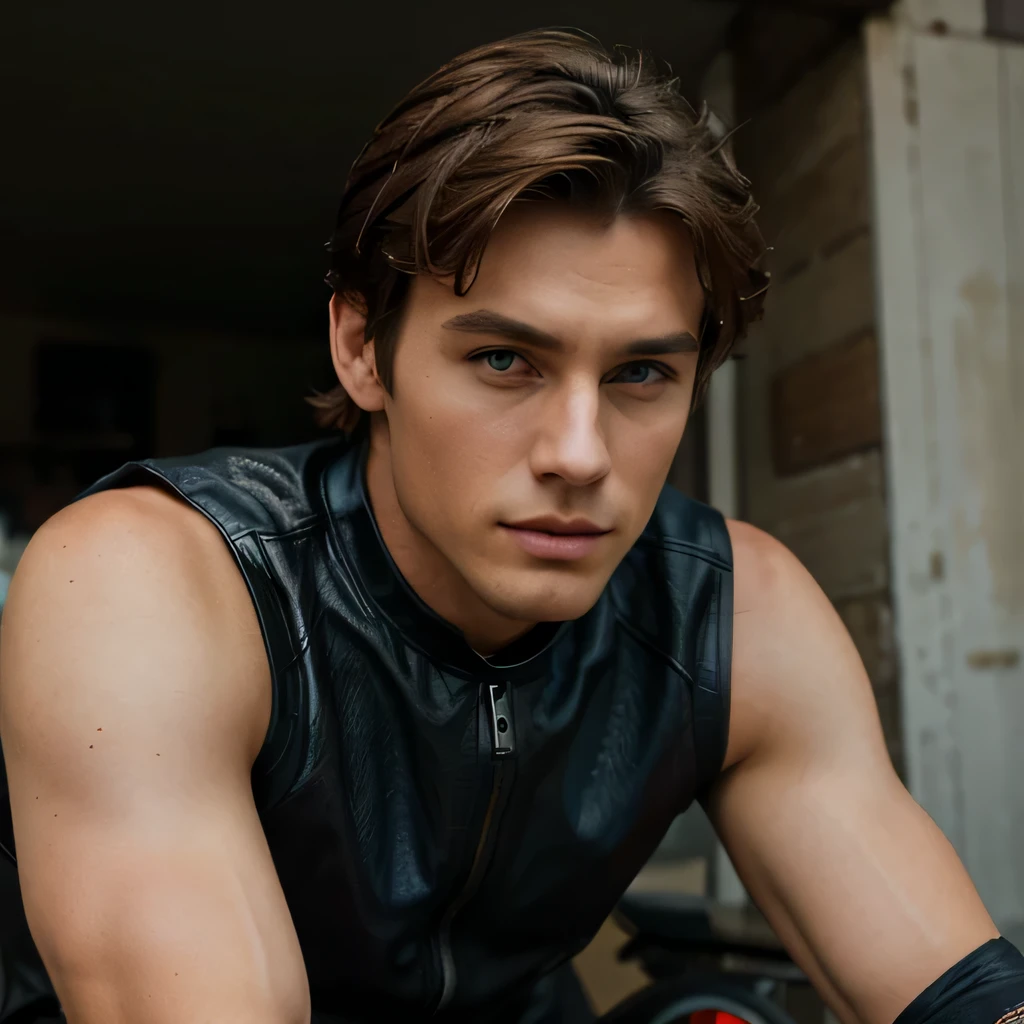 handsome man, jawline, portrait, brown hair, blue eyes, on a motorbike