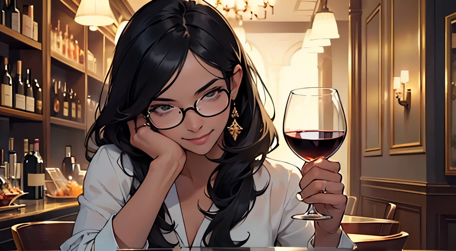 ((anatomical precision)) ,masterpiece, best quality, top quality ,Super detailed face ,Extremely delicate and beautiful , Perfect composition, extra fine hi-res, (one girl, beautiful, black hair, with glasses, with rings, sweet smiling, wine glass in one hand), in a bar,  otherworldly, unusual, romantic, abstract, art, mystery, epic