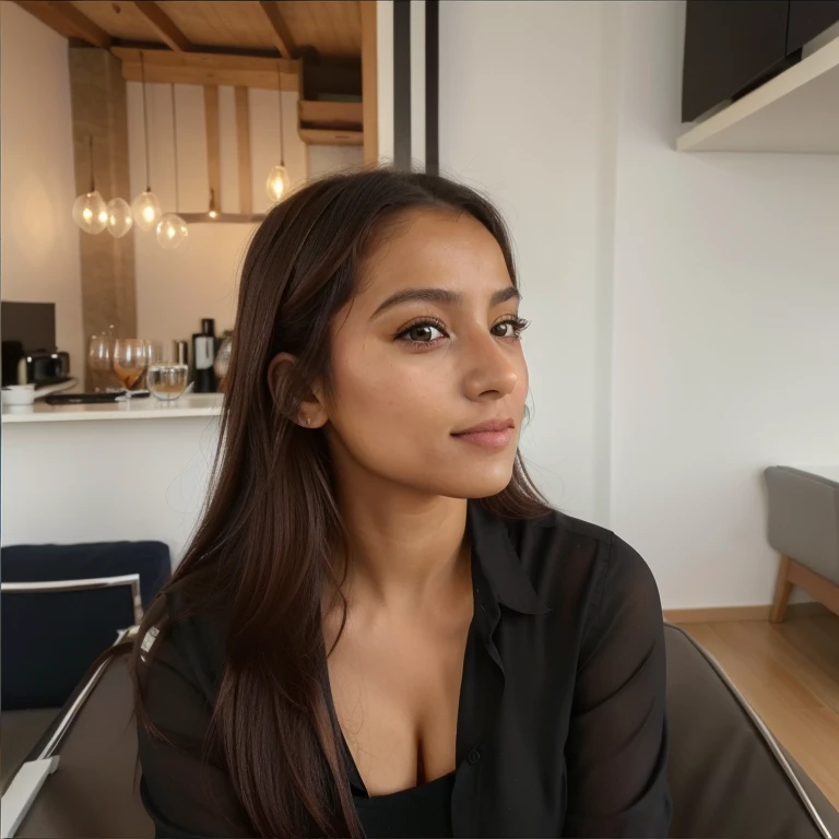 une femme colombienne, visage parfait, yeux parfaits, yeux symétrique parfaits, regarde dans la même direction, élégante, photo ultra réaliste