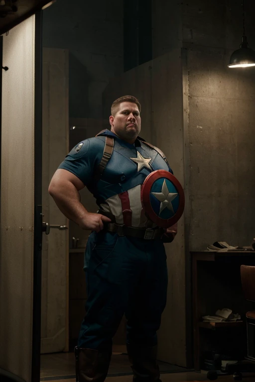 (best quality,4k,8k,highres,masterpiece:1.2),ultra-detailed,(realistic,photorealistic,photo-realistic:1.37),Obese Captain America,heroic pose,single shield,confused expression,vibrant colors,studio lighting