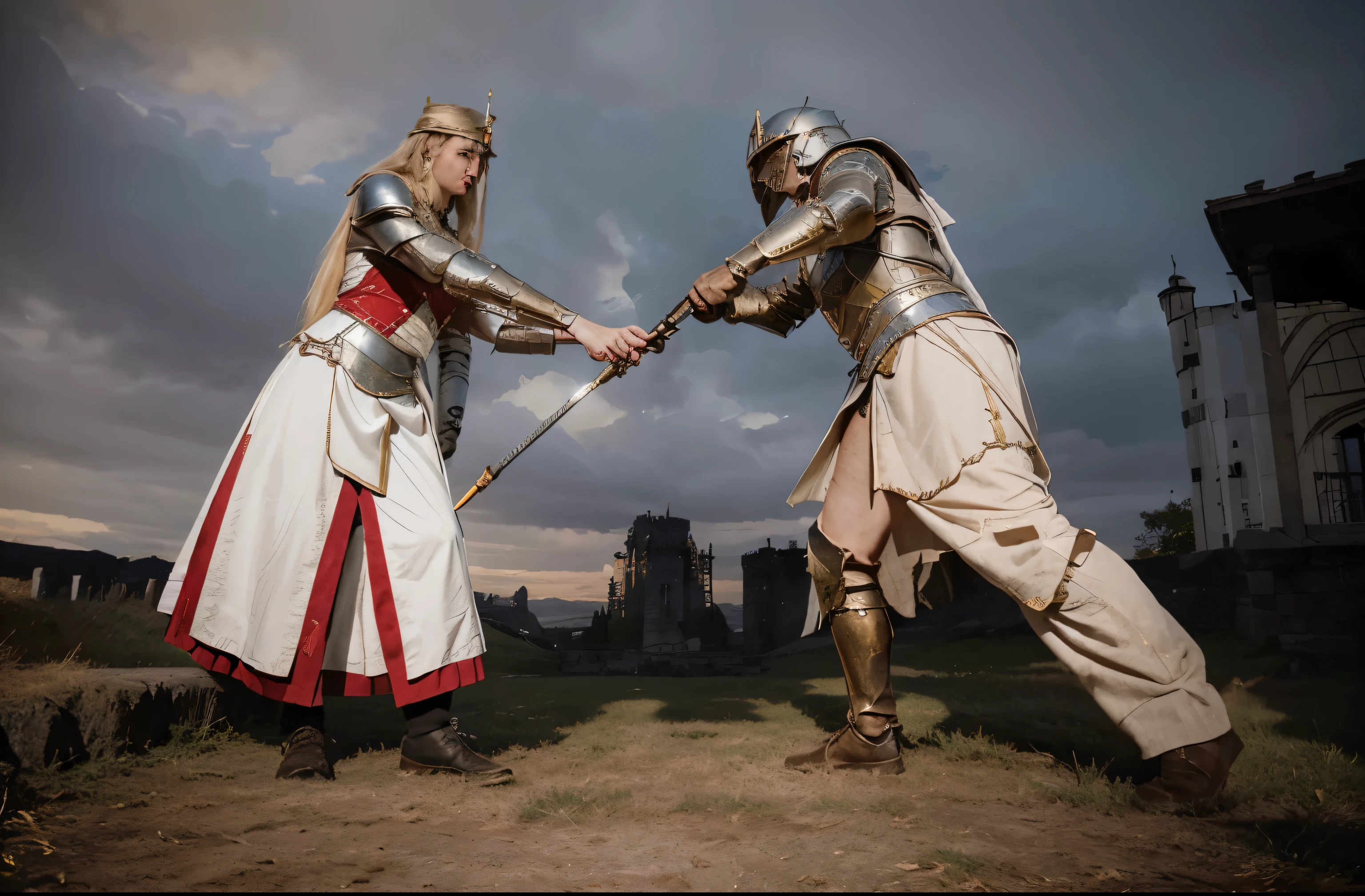 (Best quality, 8k, 32k, Masterpiece, UHD:1.2) "Step back in time to the legendary era of Camelot. Envision a valiant Knight, adorned in shining armor, standing proudly with a majestic castle as the backdrop. Capture the essence of medieval splendor, with the Knight exuding chivalry and strength. Illuminate the scene with a warm, golden light, creating a sense of valor and nobility. Detail the castle with architectural marvels and enchanting surroundings, transporting viewers to a realm where tales of honor and bravery unfold. Infuse the image with the mystique and grandeur of Camelot, evoking a sense of timeless heroism and mythical charm."